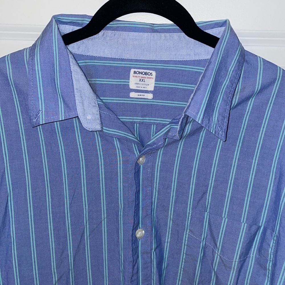 Bonobos Men's Size XXL Blue with Light Blue/Green Stripe Slim Fit Oxford Shirt